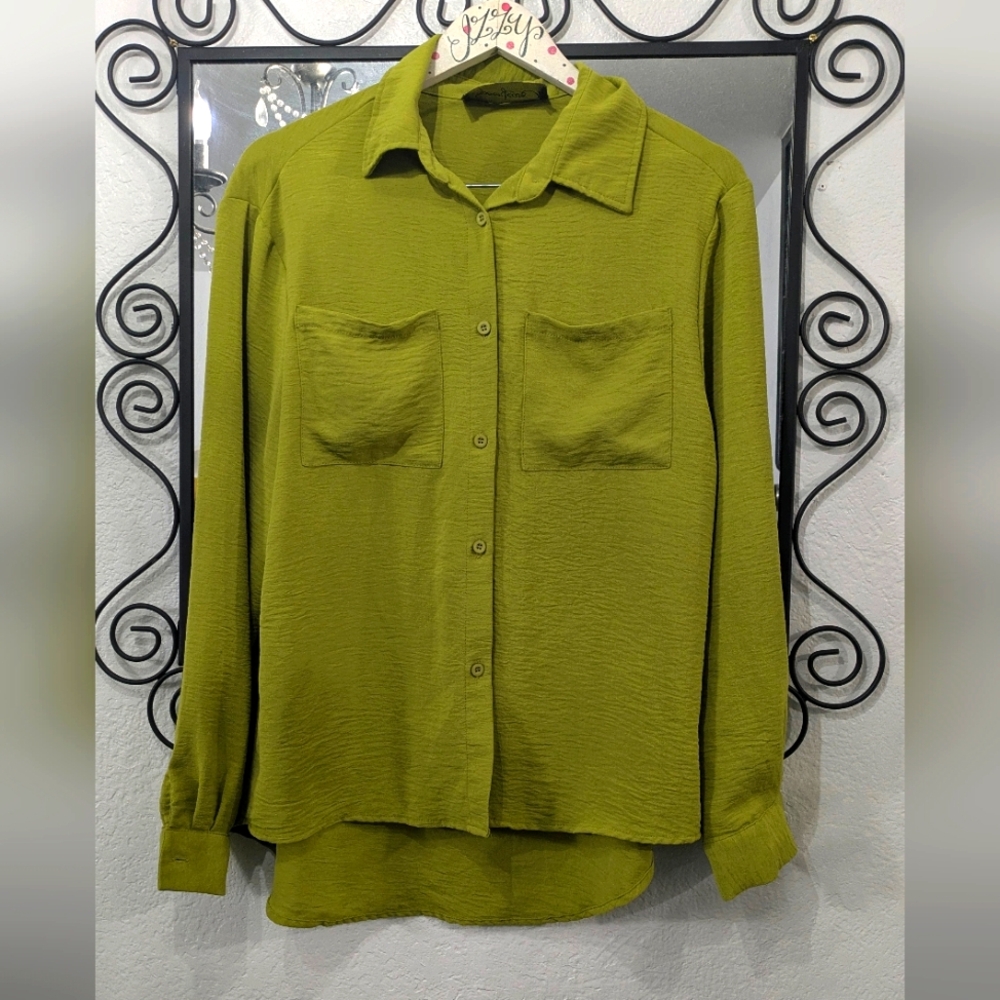 Spoon Jeans Women's Buttons Up High Low Shirt Blouse Olive Green